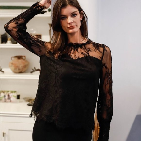 Floral Lace Mock Neck Lined Long Sleeve - Picture 4 of 4
